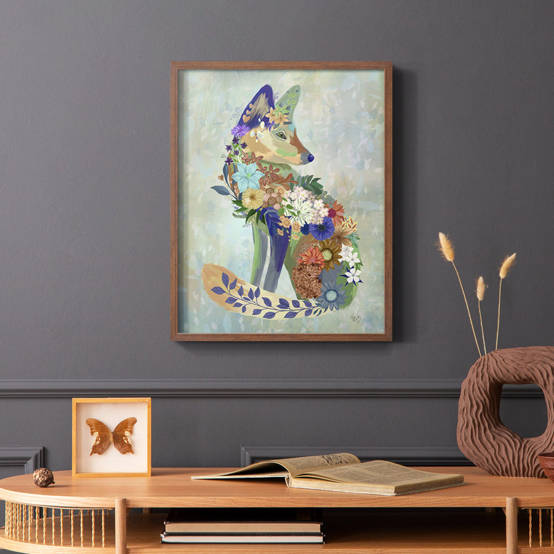 Fantastic Florals Fox, assis, reproduction encadrée - bois massif, Brun, H 28 po x l 22 po