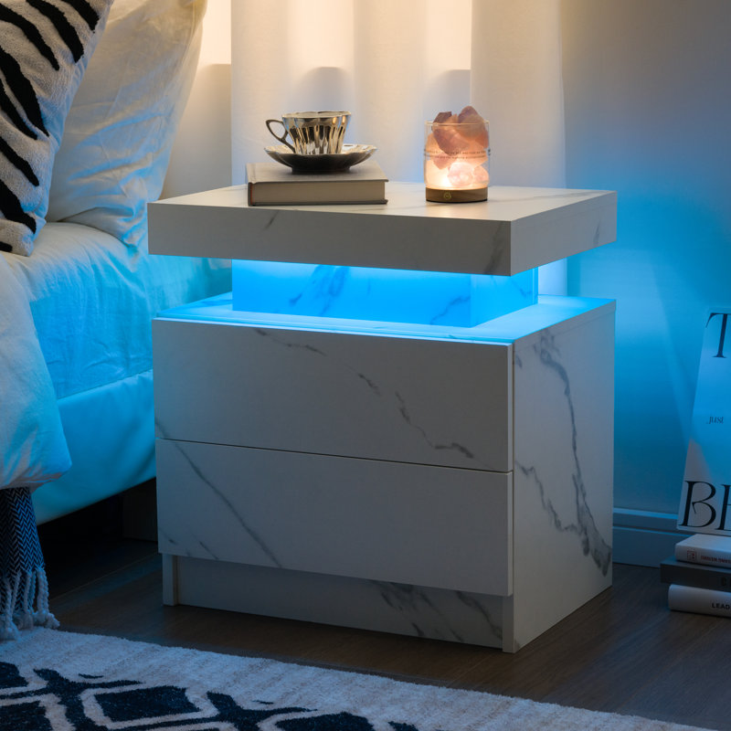 LED Nightstand with 2 Drawers, White Marble