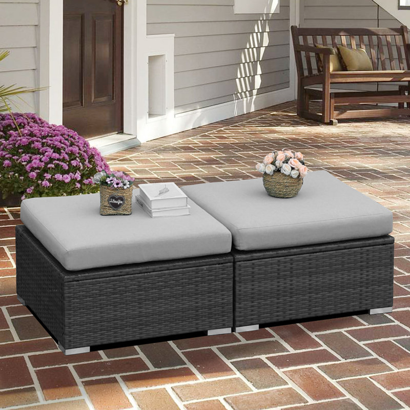 Outdoor 27.5" Wide Patio Wicker Ottoman Set with Cushions, Light Gray
