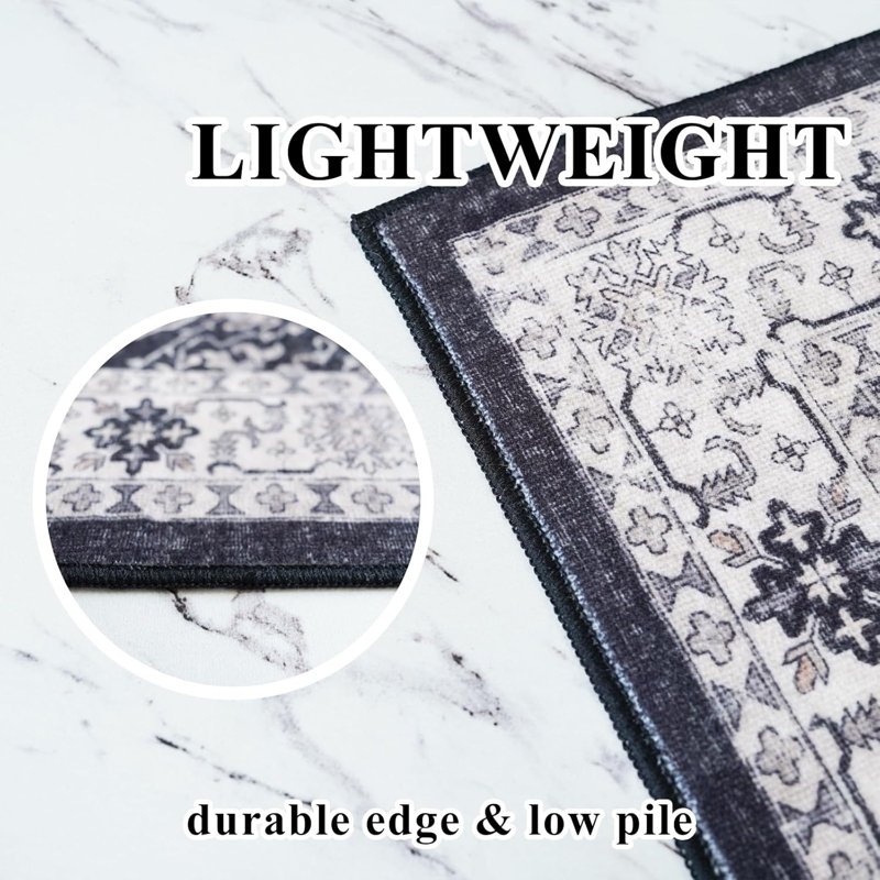 Washable Large Area Rug: Indoor Oriental Living Room Carpet with Non Slip Backing Ultra Soft Low Pile Rugs for Bedroom Dining Room Distressed Stain Resistant Thin Floor Mat (Black)
