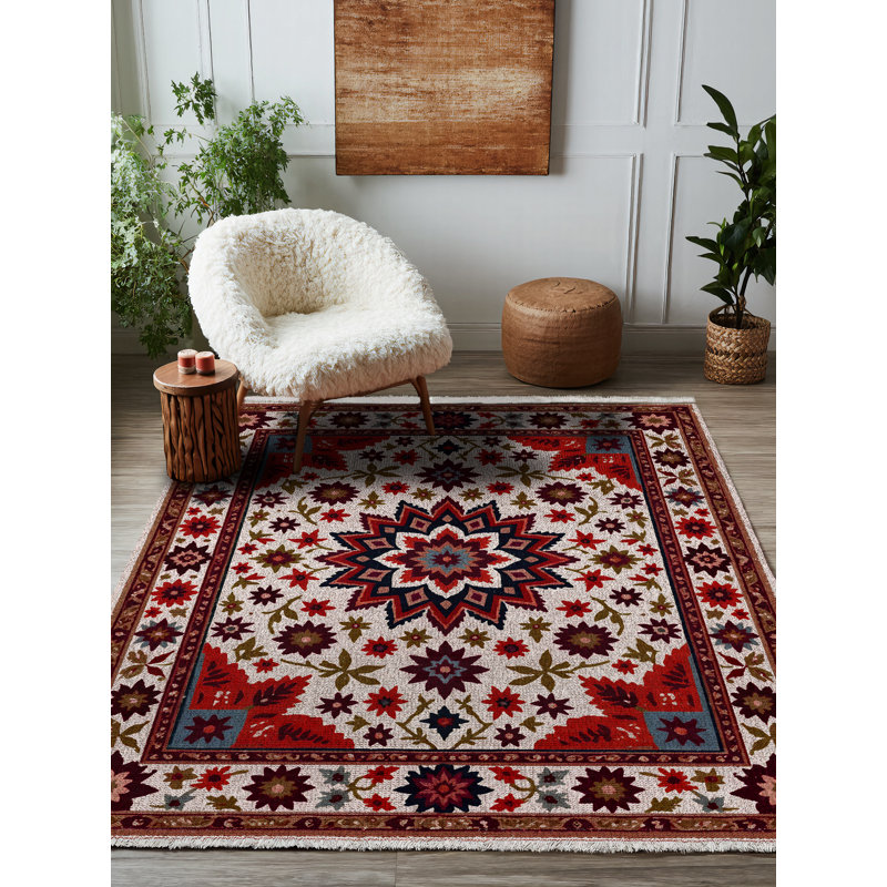 Tapis marocain rouge en coton et polyester à imprimé numérique Madeline Collection, Rond 3 pi 4 po