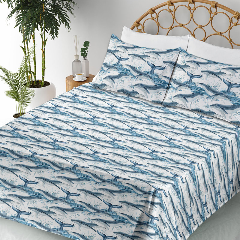 Ambesonne Nautical Sheet Set Whale Pattern Ocean Waves Sea Blue Soft Blue White, California King Sheet Set with 2 Pillowcases