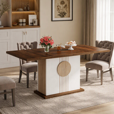 55″ Rectangular Farmhouse Dining Table for 4 to 6, Wood Kitchen Table with Patterned Base and Decorative Boards, Dining Rooms