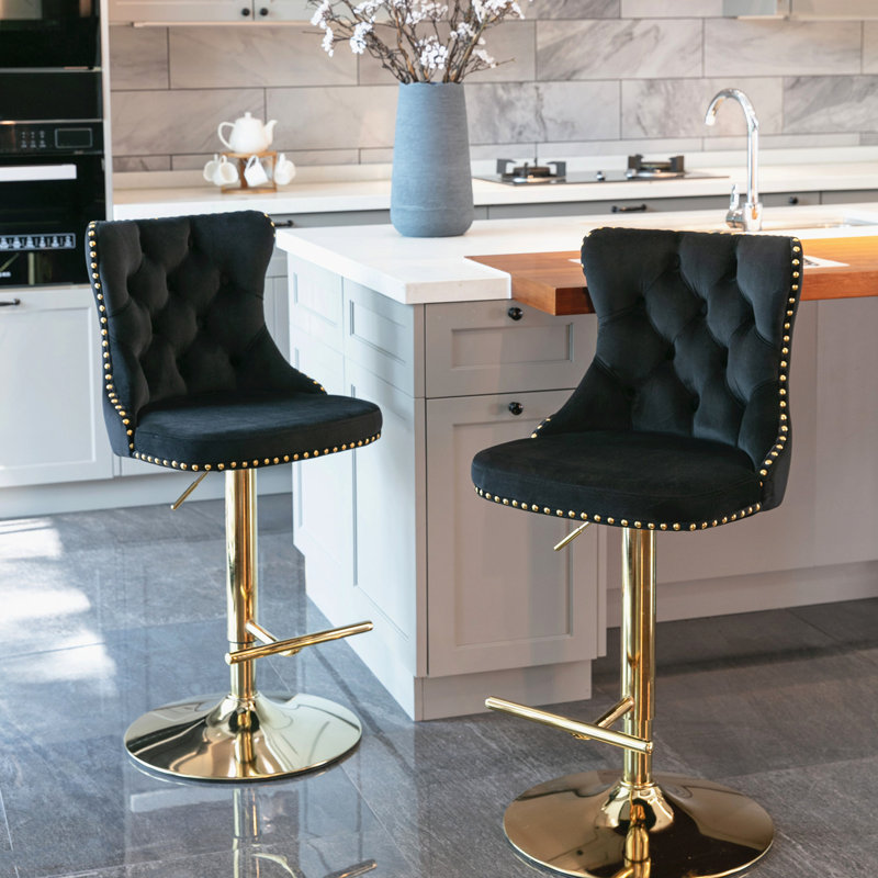 Siège réglable à hauteur réglable de 25 à 33 pouces en velours pivotant noir, tabourets de bar modernes et confortables avec dossier, de 2 pour îlot de cuisine pour la maison
