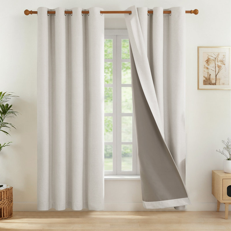 Full Blackout Faux Linen Look Thermal Insulated Grommet Curtains (Set of 2), Beige, 52" W x 96" L