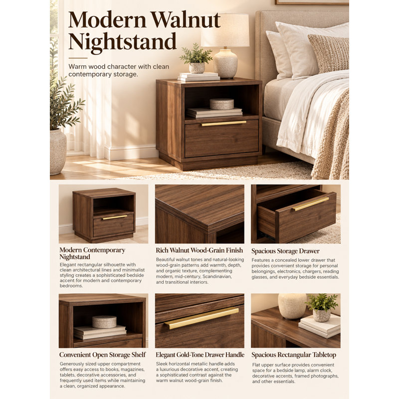 Modern Walnut Nightstand with Storage Drawer, Open Shelf & Gold Handle – Contemporary Bedside Table