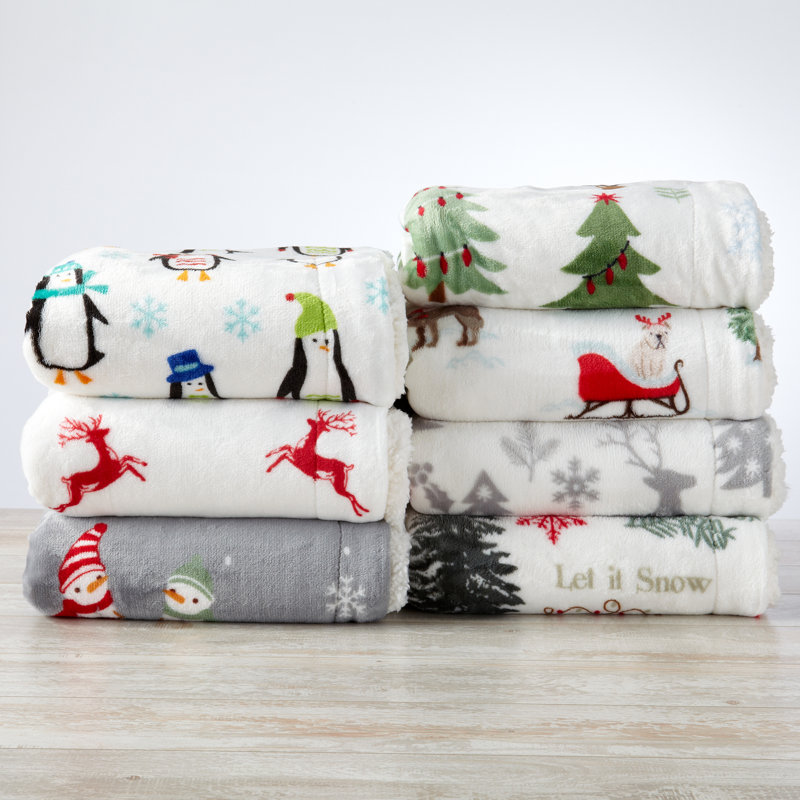 Jeté réversible ultra doux en peluche, Cerfs, arbres et neige