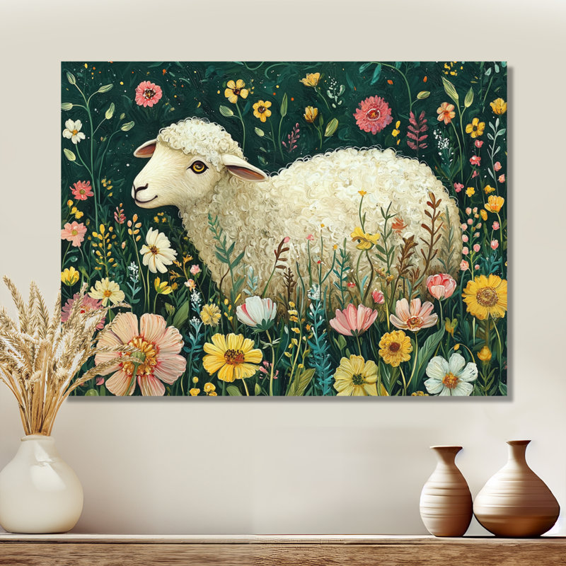 Dott, mignon mouton au printemps, fleurs II - mouton, art mural, H 16 po x l 32 po, Toile tendue, Ne s’applique pas