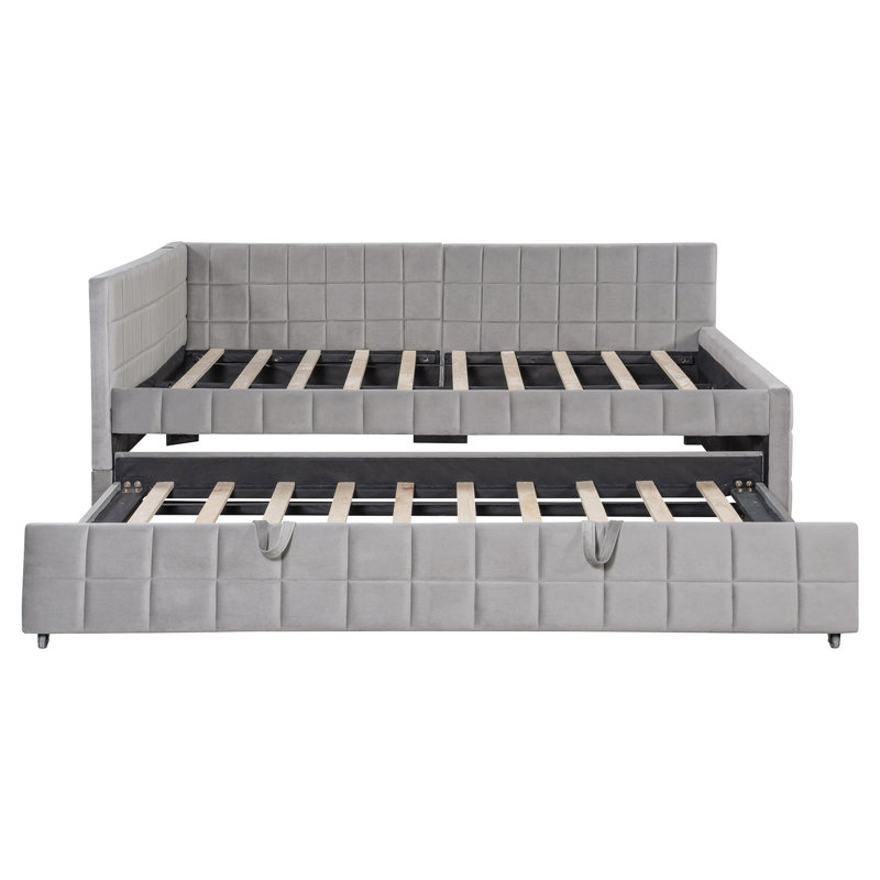 Lit de jour en L pleine grandeur avec lit gigogne escamotable et ports USB, Gris