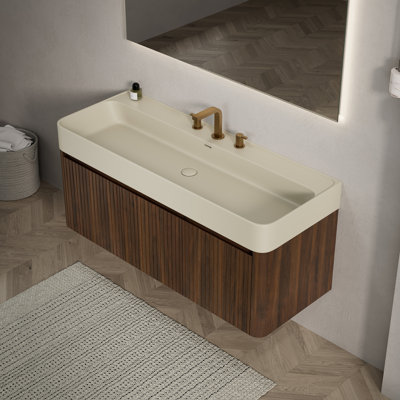 Meuble-lavabo LORAN 48 avec lavabo intégré, lavabo suspendu en surface solide beige crème chaude avec 3 trous pré-percés pour robinetterie, démonté, robinetterie et bonde non inclus, couleur noyer.