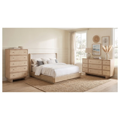 Ensemble de chambre à coucher Malani Queen 3 pièces avec lit plateforme, commode et chiffonnier, fini chêne beige