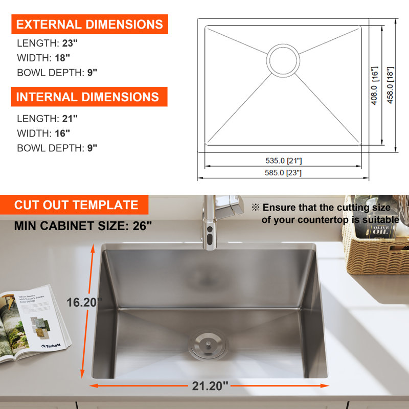 Évier de cuisine Blenzia à cuve unique, encastré sous plan, en acier inoxydable 304 de calibre 16, fabriqué à la main, avec crépine, 23 po x 18 po x 9 po