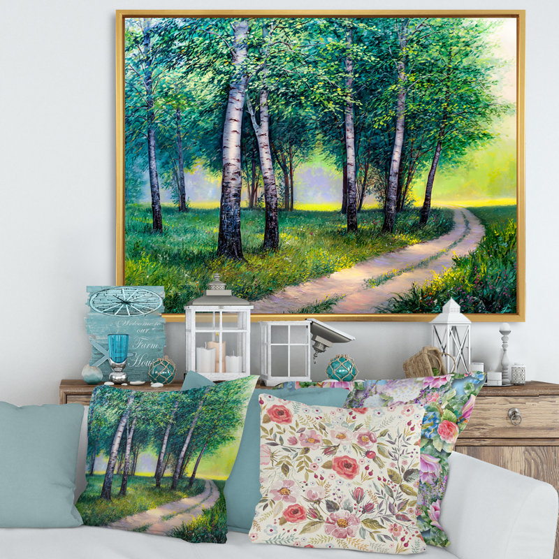 Summer Forest Road By The Birches - reproduction de Lake House, H 24 po x l 32 po x P 1 po, Cadre flottant doré