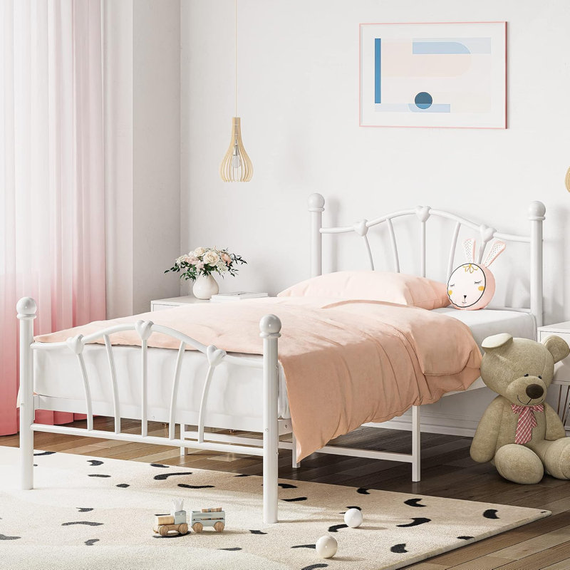 Twin Metal Bed Frame for Kids with Heart Headboard & Footboard, White Platform Bed with Heavy-Duty Slats, No Box Spring Needed