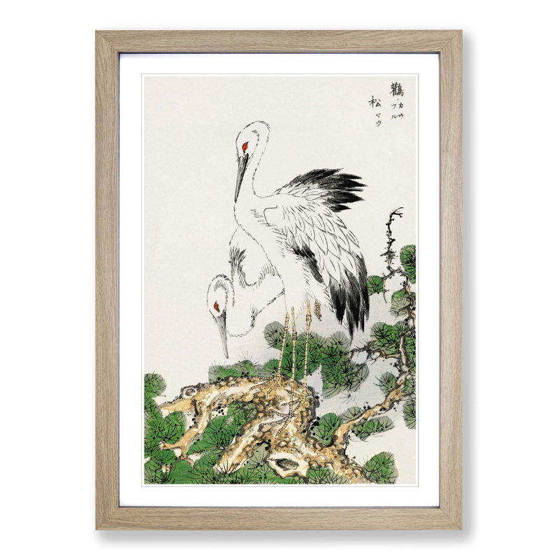 Two Japanese Storks by Numata Kashu - Picture Frame Painting Print on MDF, 65cm H x 48cm W x 2cm D, Oak Framed