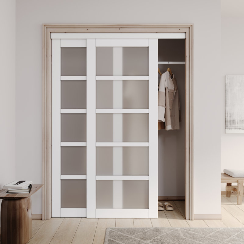 80" Height Primed 5-Lite Frosted Glass Panels Sliding Closet Door with Installation Hardware Kit, 60" x 80"