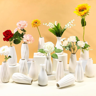16 Set White Ceramic Bud Vase Bulk 5 Inch Boho Bud Ceramic Vases Decor Rustic Wedding Small Vases For DIY Flower Centerpieces Wedding Dining Table Decoration, 8 Styles (Classic)