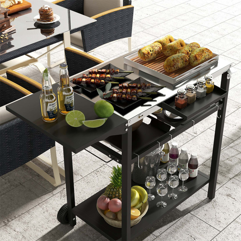 Outsunny Outdoor Bar Cart With Stainless Steel Tabletop, Kitchen Island On Wheels, 2 Tiers & Seasoning Shelf, Patio Serving Cart With Hooks, Towel & Garbage Bag Holder, Plates & Spice Jars