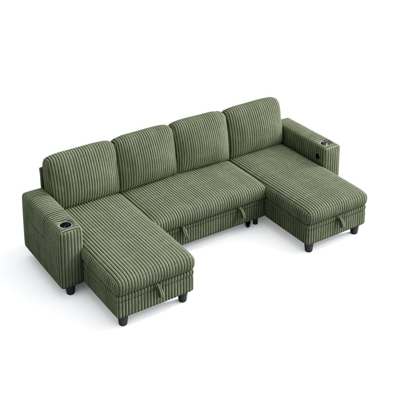 Canapé modulaire en U rembourré 106 po avec rangement, charge et porte-gobelets Sherry, Velours côtelé vert forêt Bella