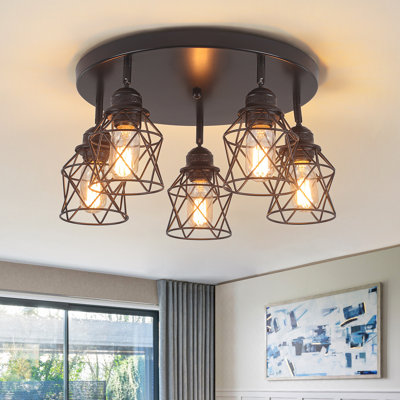 5-light Semi Flush Mount, Adjustable Multi-directional Black Flush Mount Ceiling Light Fixture, Vintage Metal Cage Farmhouse Lamp For Hallway, Dining Room, Farmhouse, Entryway