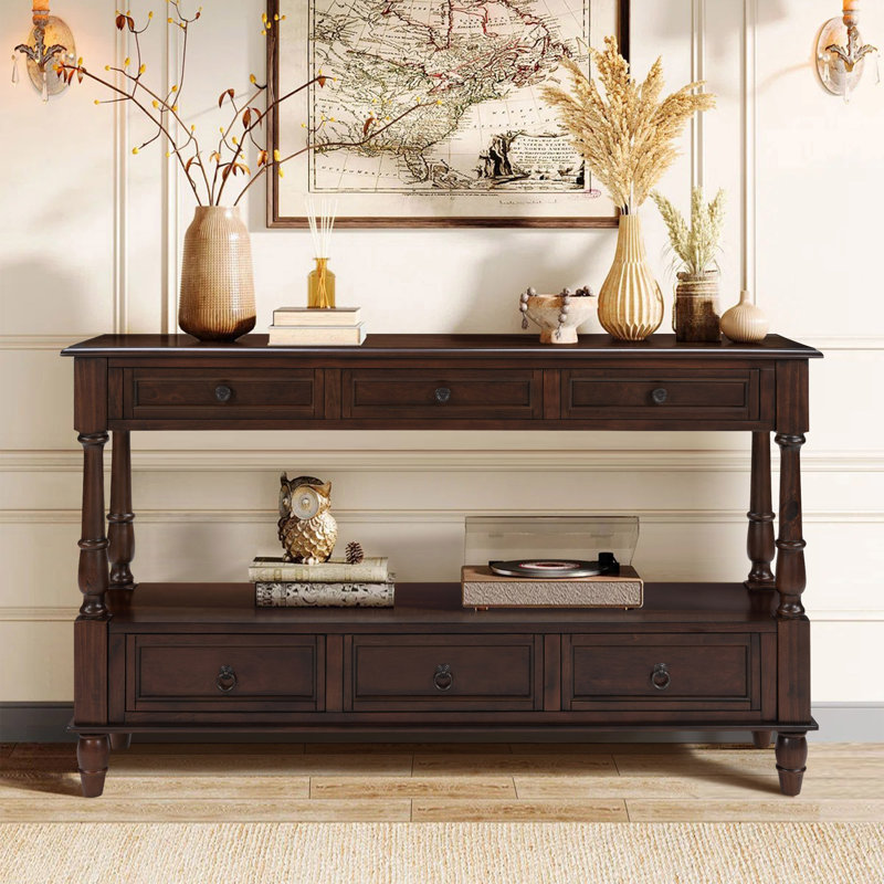 Console rétro en bois massif de 54 po avec 6 tiroirs et tablette pour le salon, le couloir et l'entrée, Espresso