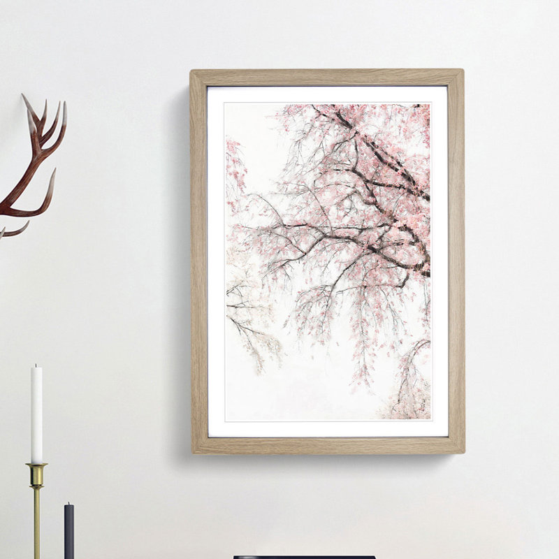 A Pink Cherry Blossom Tree Abstract - Picture Frame Painting Print on MDF, 87cm H x 62cm W x 2cm D, Oak Framed
