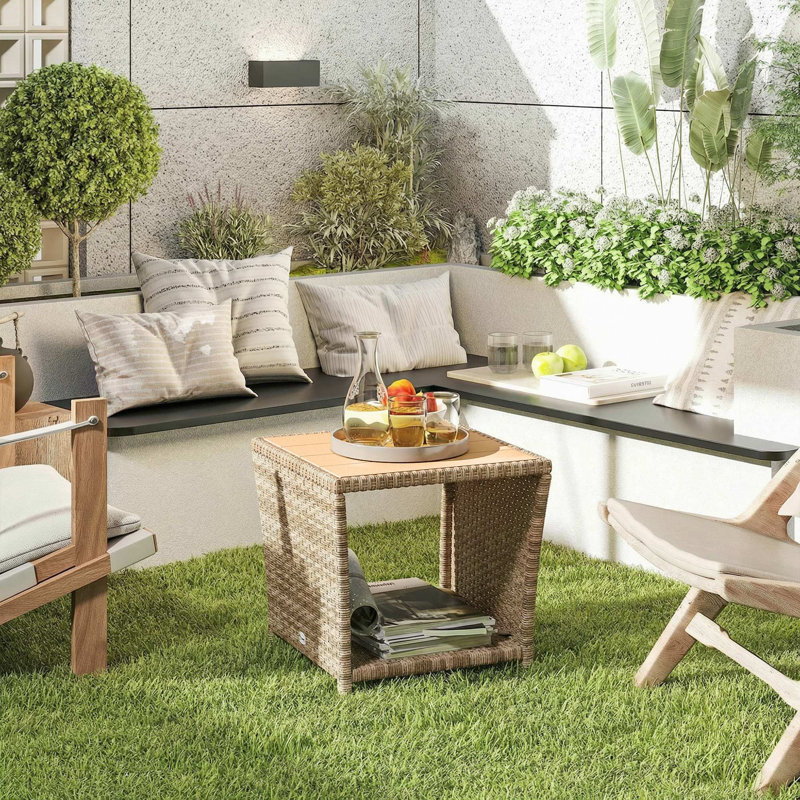 Square Outdoor Side Table - 45 cm W 45 cm D, Natural Top/Khaki Base