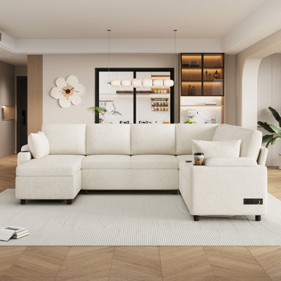 109.9" Sectional Sofa Versatile Sofa Bed Sofa Sleeper U-Shaped Sofa With Ample Storage Space, Two Cup Holders And Charging Ports For Living Room