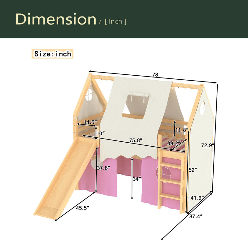 Lit mezzanine House avec rebords et tentes, lit mezzanine en bois massif avec échelles et glissade, design chic avec lumières, aucun sommier