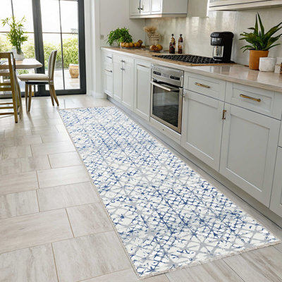 Tapis de couloir gris gris et bleu à motif géométrique Chenille
