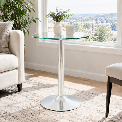Table d'appoint ronde en verre trempé, bord poli, pied en métal chromé argenté, base circulaire lestée, design moderne sur pied, diamètre 50 cm, hauteur 60 cm, dimensions au sol 50 cm x 50 cm
