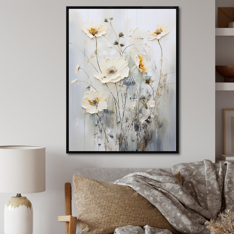 Motif floral blanc sur fond blanc, Cadre flottant noir, H 40 po x l 30 po x P 1,5 po