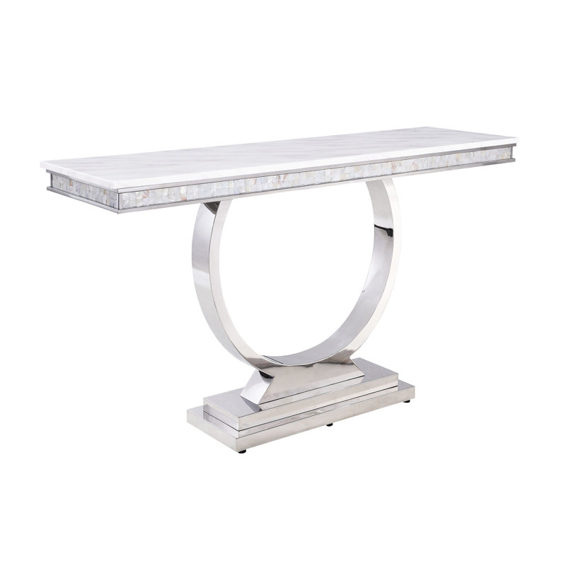 Table avec plateau en marbre blanc et surface en simili marbre argenté miroitant