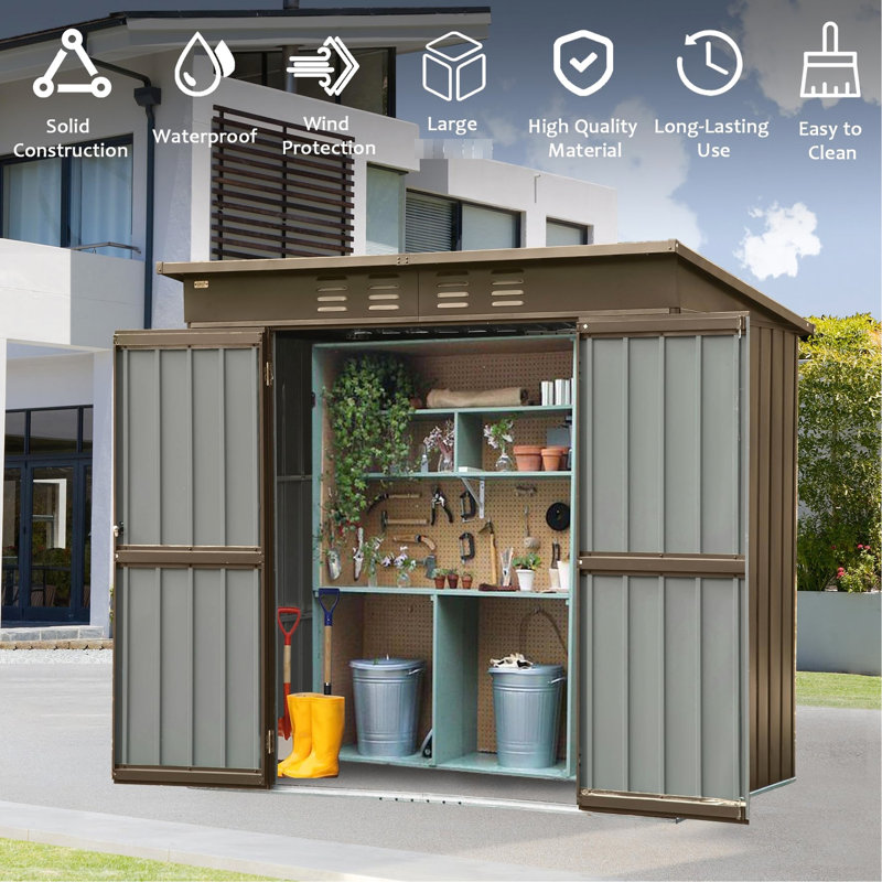 Outdoor Metal House 6x4 Ft - Lockable Double Door, Waterproof, Sloping Roof, Ventilation, For Backyard Ventilation