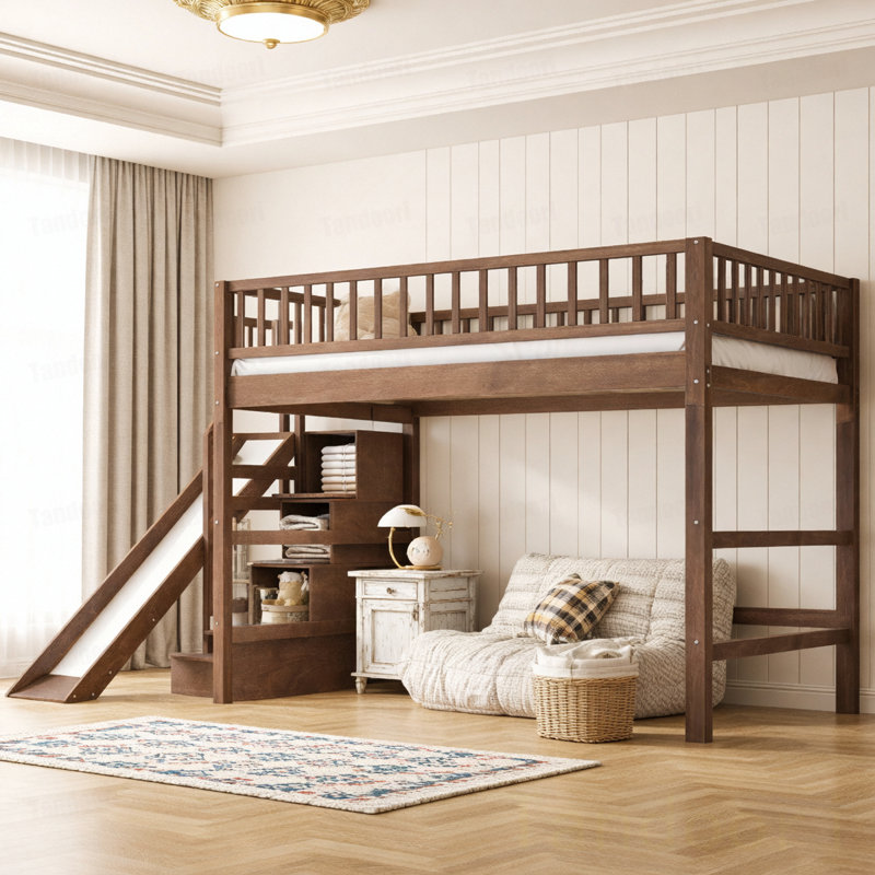 Lit mezzanine double avec escalier de rangement, glissade et lumière DEL, Walnut