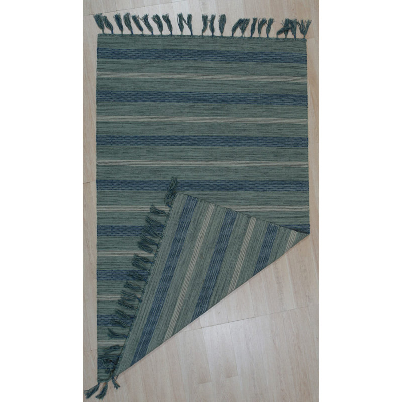 5x8 Blue Flat Weave Wool Bamboo Silk Coastal Horizon Striped Modern Contemporary Carpet Rug