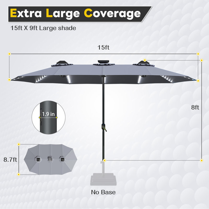 Grand parasol double 15 pi avec lumières solaires, Gris