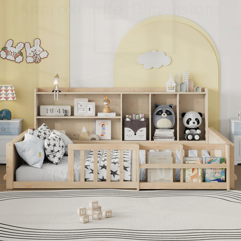 Base de lit plateforme en bois pour enfants avec garde-corps, rangement latéral et bibliothèque pour économiser de l'espace et de la sécurité