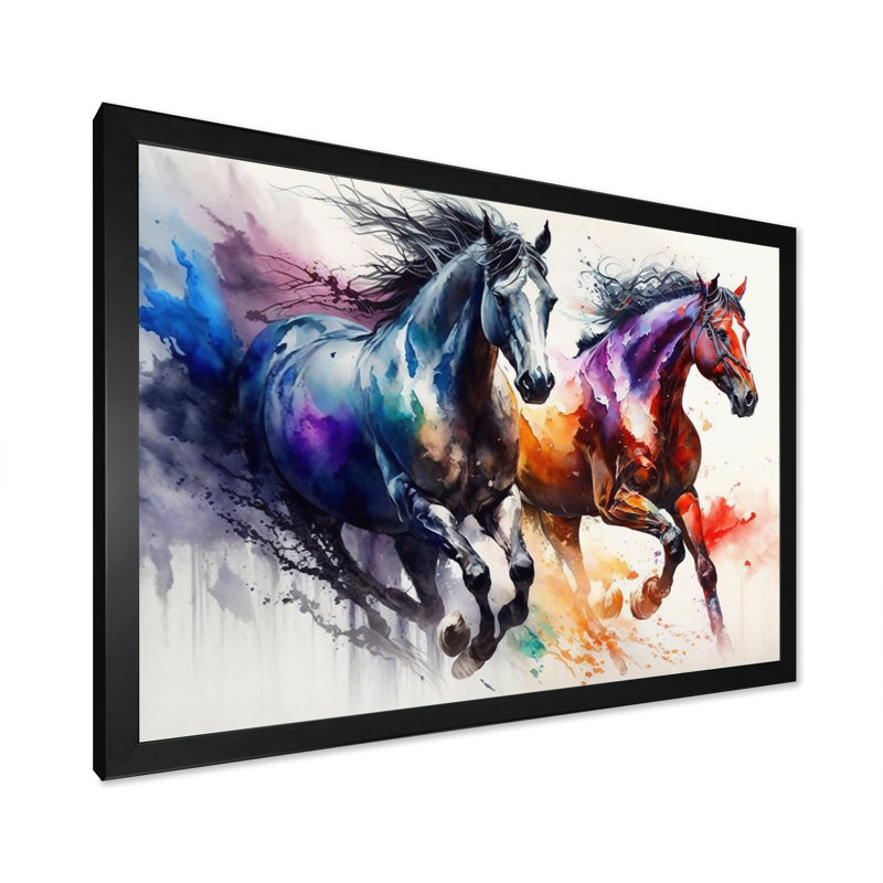 Chevaux qui courent II - cheval, art mural, Cadre simple noir, H 16 po x l 32 po x P 1 po