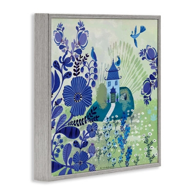 Giclée encadrée de jardin bleu fantaisiste, design par Kay Widdowson