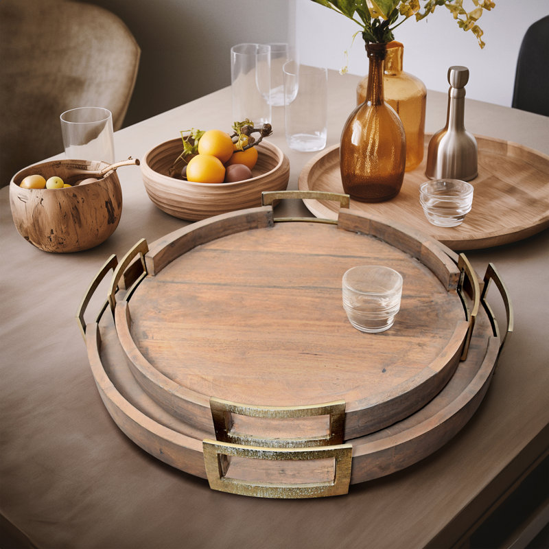 Kazimirs Maxwell Round Wood Trays - Natural Mango Wood & Aluminum, Set of 2 - 26" x 26" x 4"
