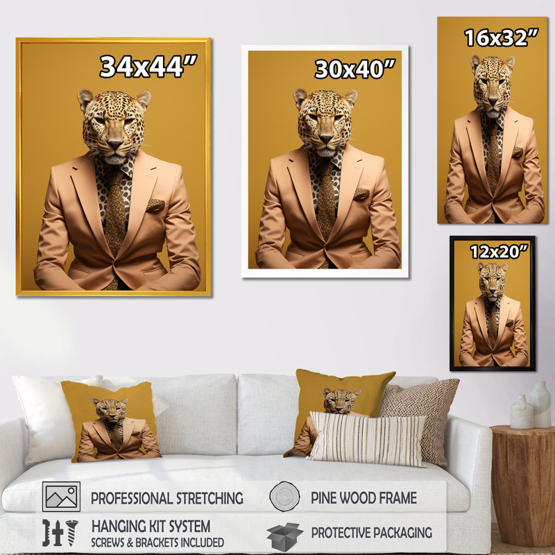 Art mural jaune guépard II, Cadre flottant noir, H 20 po x l 12 po x P 1 po