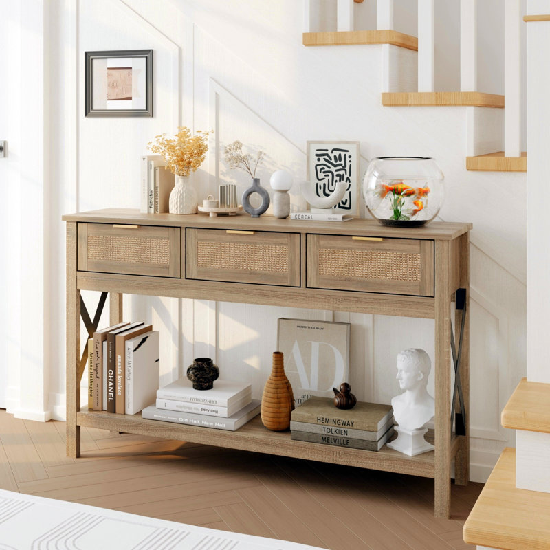 Natural Wood Console Table with Sisal Drawers and Open Shelf