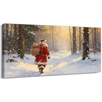 Grande toile murale de Noël représentant le père Noël dans une scène de forêt hivernale vintage. Décoration murale traditionnelle pour le salon, le foyer, l'entrée ou la chambre. Prête à accrocher, 147 x 71 cm.