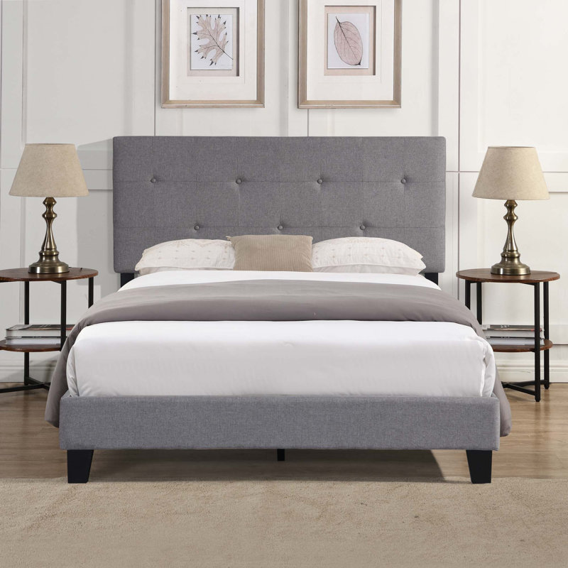 Structure de lit plateforme tapissier avec tête de lit capitonnée en tissu de lin, support en lattes de bois, Gray, Queen