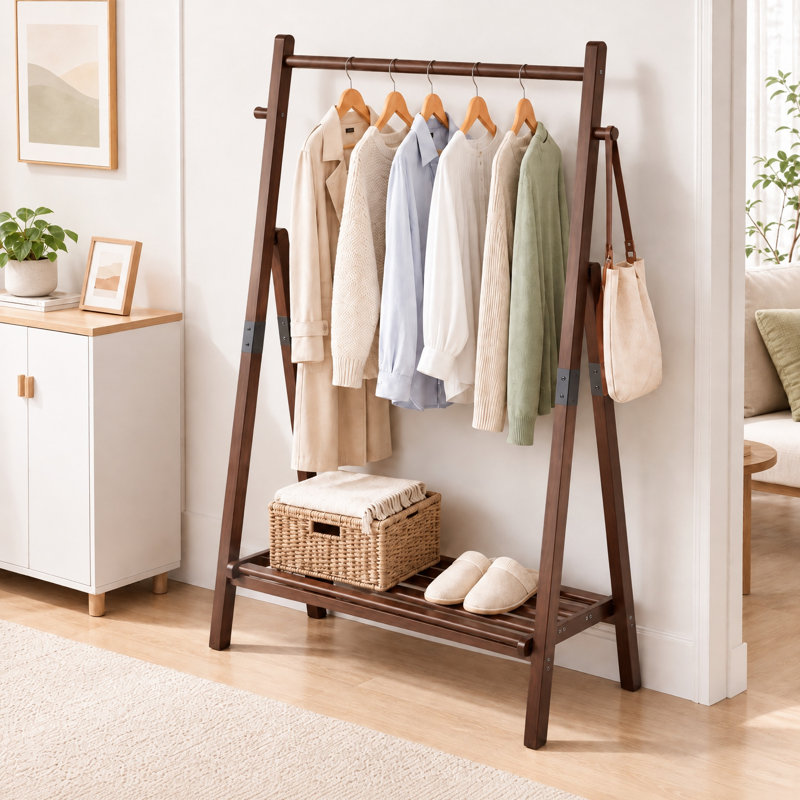 Cintre en bois massif avec tablette et crochets latéraux, Noyer + l 39,37 po