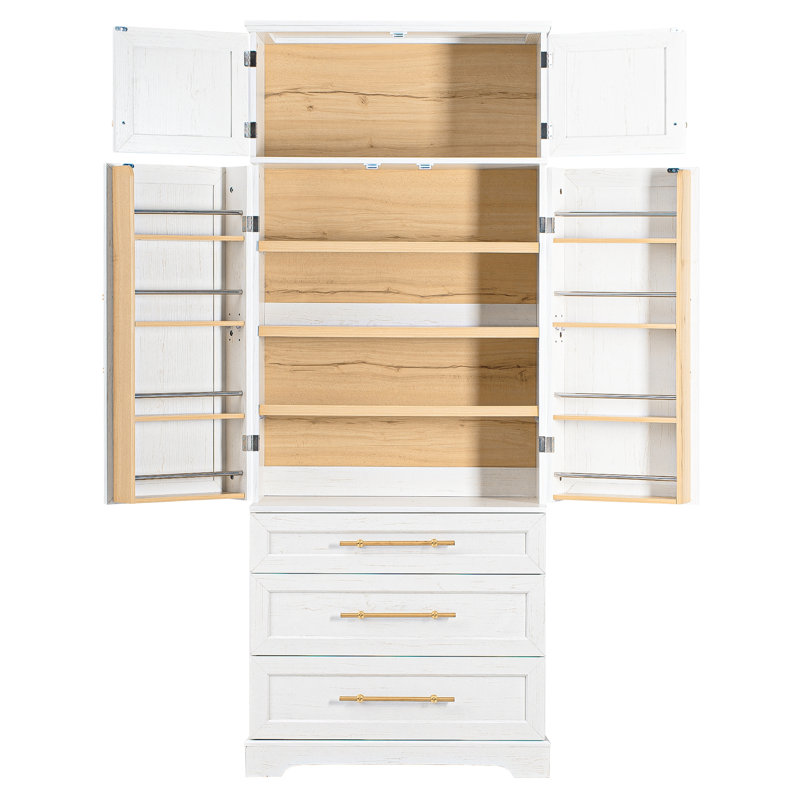Armoire de cuisine de campagne de 78,2 po de hauteur avec 8 tablettes de porte, armoire de rangement avec 3 tablettes réglables, 3 grands tiroirs, armoire polyvalente