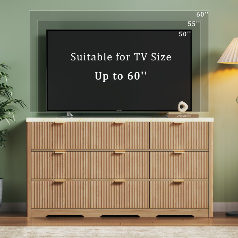 9-drawer Fluted Design Dresser Organizer, Wood Large Chest Of Drawers