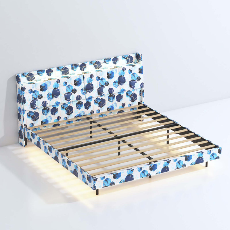 Floating Bed Frame With LED Light And Charging Station Upholstered Platform Bed Frame With Headboard And Hidden Storage Space, No Box Spring Needed