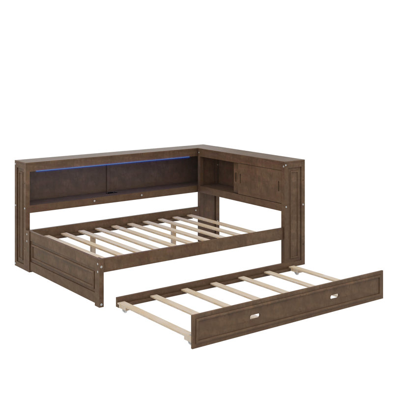 Full Size Wood Daybed With Shelves, LED And Trundle, Antique Wood Color